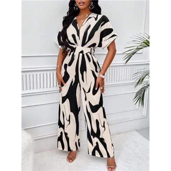 Allover Print Batwing Sleeve Belted Jumpsuit